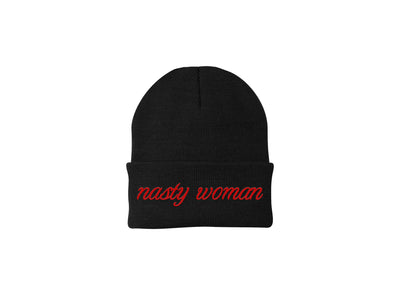 Nasty Woman - Black Embroidered Winter Beanie
