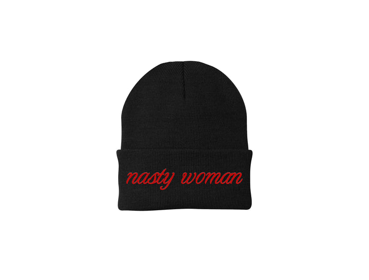 Nasty Woman - Black Embroidered Winter Beanie