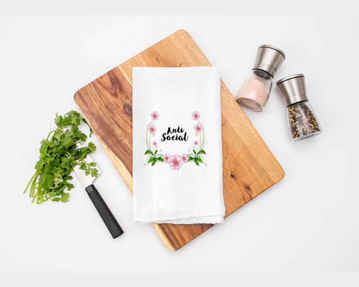 Anti Social Floral Pattern Kitchen Tea Towel - Flour Sack Cotton Kitchen Towel
