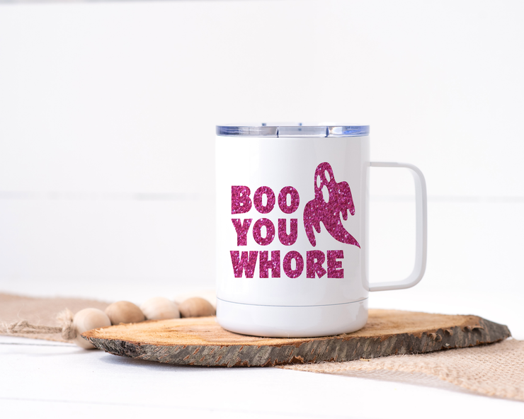 Boo You Whore Stainless Steel Travel Mug - Pink Glitter Ghost