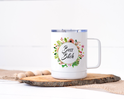 Boss Bitch Stainless Steel Travel Mug - Floral Delicate and Fancy
