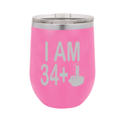 I Am 34 + Middle Finger - Polar Camel Wine Tumbler with Lid - 35th Birthday