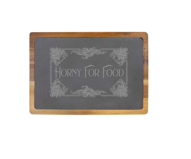 Horny For Food - 13 X 9 Acacia Wood/Slate Serving Board