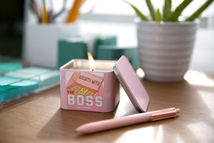 Biscuits with the Boss - Ted Lasso Inspired Candle Hand Poured into Pink Tin